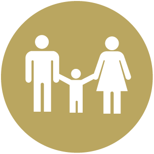 This beige icon shows the outline of a family with the father on the left, the toddler in the middle, and the mother on the right. The mother and father are holding the child's hands.